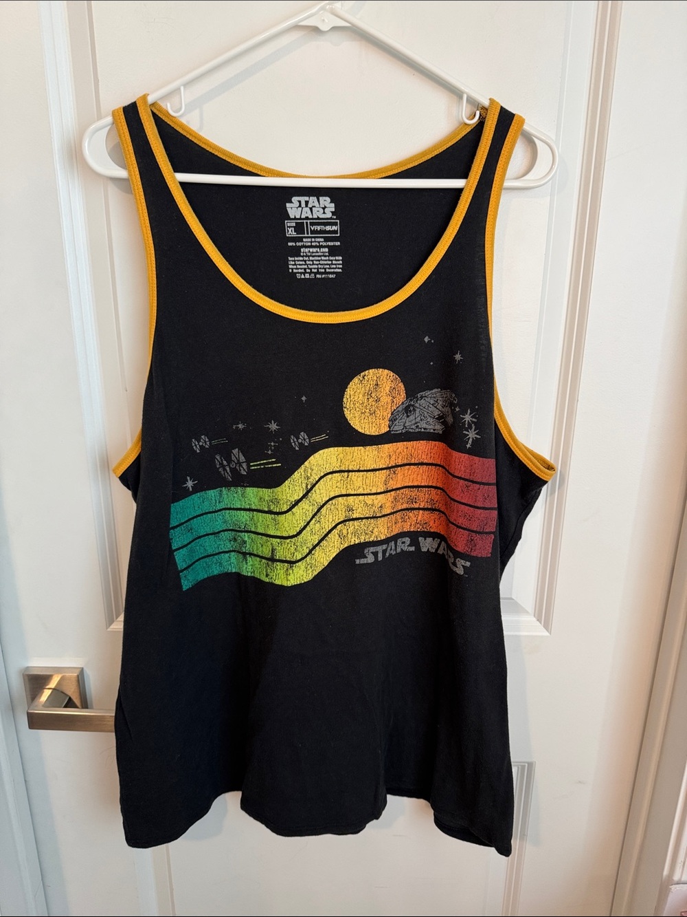Star Wars Black Tank Top with Rainbow Retro Wave and Yellow Trim